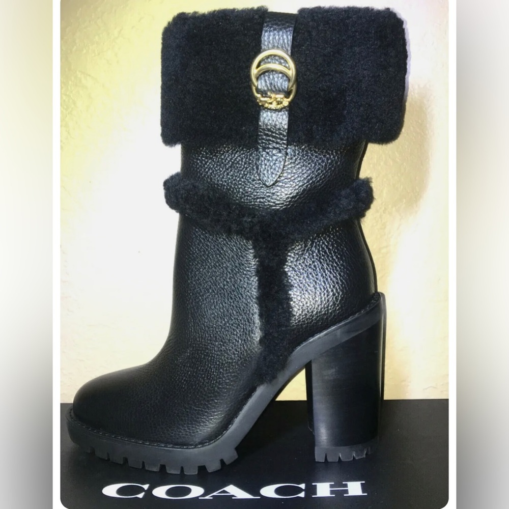 COACH Harlie Bootie BLACK BOOTS Heel LEATHER AND SHEARLING Size 7 MSRP $295.00